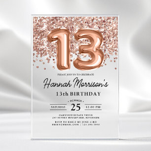 Invitations En Acrylique Fête d'anniversaire de 13 ans avec ballons rose go