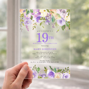 Invitations En Acrylique Fête d'anniversaire de 19 ans CLEAR ACRYLIC Fleurs