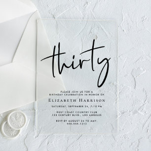 Invitations En Acrylique Fête d'anniversaire de 30 ans Chic Script