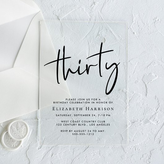Invitations En Acrylique Fête d'anniversaire de 30 ans Chic Script