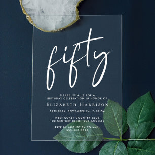 Invitations En Acrylique Fête d'anniversaire de 50 ans Chic écriture blanch