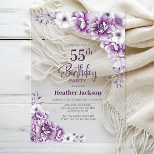 Invitations En Acrylique Fête d'anniversaire de 55 ans aux fleurs roses élé