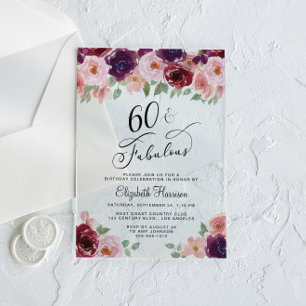 Invitations En Acrylique Fête d'anniversaire de 60 ans Elegant Floral