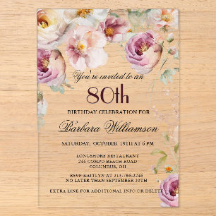 Invitations En Acrylique Fête d'anniversaire de 80 ans aux fleurs sauvages