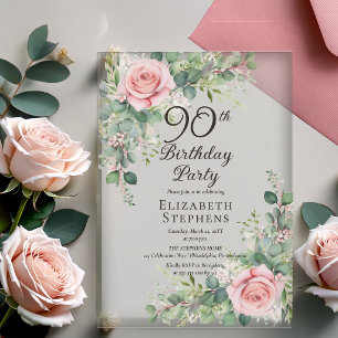 Invitations En Acrylique Fête d'anniversaire de 90 ans Rose Églantine Éléga