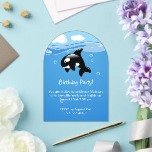 Invitations En Acrylique Fête d'anniversaire de baleine orque mignonne