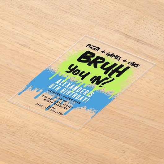 Invitations En Acrylique Fête d'anniversaire de Bruh Boy Neon Graffiti Vert (Poser)