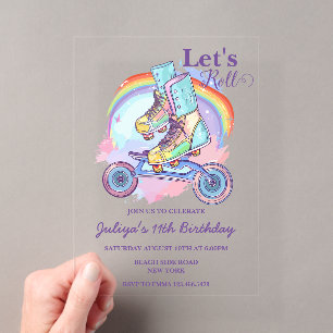 Invitations En Acrylique Fête d'anniversaire de patin à roulettes violet po