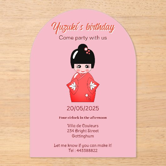 Invitations En Acrylique fête d'anniversaire de poupée japonaise (Recto)