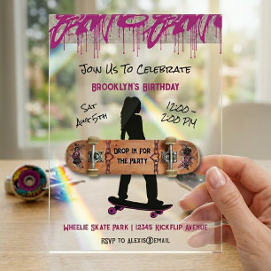 Invitations En Acrylique Fête d'anniversaire de skateboard d'une adolescent