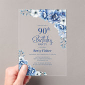 Invitations En Acrylique Fête d'anniversaire du 90ème Blue Floral (In situ (ordinateur de poche))