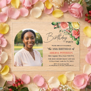 Invitations En Acrylique Fête d'anniversaire élégante avec fleurs et photo 