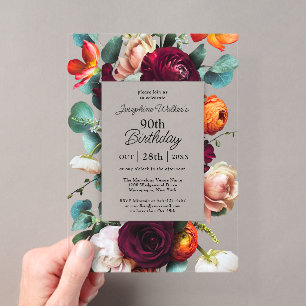 Invitations En Acrylique Fête d'anniversaire élégante de 90 ans avec fleurs