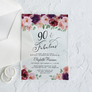 Invitations En Acrylique Fête d'anniversaire élégante florale 90 ans