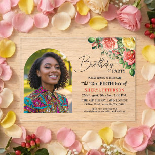 Invitations En Acrylique Fête d'anniversaire élégante florale avec photo 23
