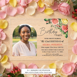 Invitations En Acrylique Fête d'anniversaire élégante florale avec photo 42