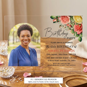 Invitations En Acrylique Fête d'anniversaire élégante florale avec photo 45
