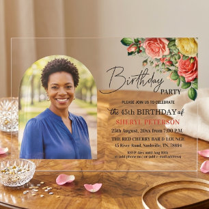 Invitations En Acrylique Fête d'anniversaire élégante florale avec photo 45