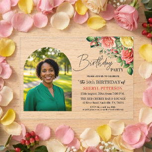Invitations En Acrylique Fête d'anniversaire élégante florale avec photo 50