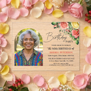 Invitations En Acrylique Fête d'anniversaire élégante florale avec photo 80