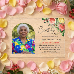 Invitations En Acrylique Fête d'anniversaire élégante florale avec photo 95