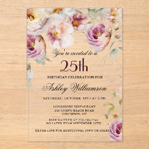 Invitations En Acrylique Fête d'anniversaire élégante florale rose sauvage