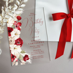 Invitations En Acrylique Fête d'anniversaire florale rouge et blanche