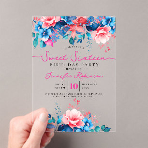 Invitations En Acrylique Fête d'anniversaire Girly Blue Pink Floral Sweet 1