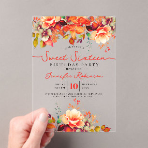 Invitations En Acrylique Fête d'anniversaire Girly Floral Automne 16 ans
