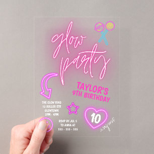 Invitations En Acrylique Fête d'anniversaire Neon Rose Glow