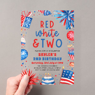 Invitations En Acrylique Fête d'anniversaire Rouge, Blanc & Deux pour le 4