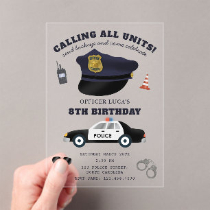 Invitations En Acrylique Fête d'anniversaire sur le thème de la police Poli