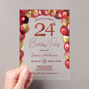 Invitations En Acrylique Fête d'anniversaire surprise 24 ans paillettes or