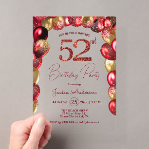Invitations En Acrylique Fête d'anniversaire surprise 52 ans paillettes or