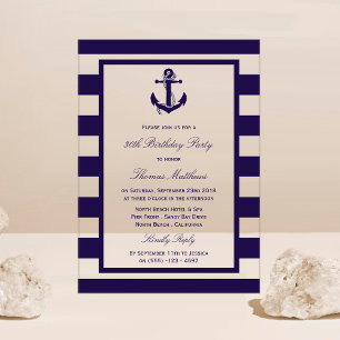 Invitations En Acrylique Fête d'anniversaire thème marine et rayures navy p