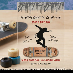 Invitations En Acrylique Fête d'anniversaire urbaine de teenager avec skate