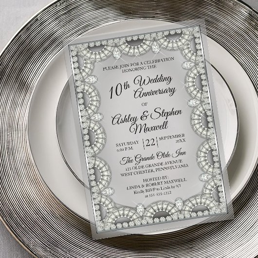 Invitations En Acrylique Fête de 10 ans de mariage Silver et Diamond