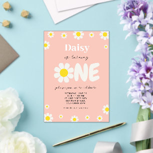 Invitations En Acrylique Fête de 1 an Fleurs de Marguerites Bohème Rose
