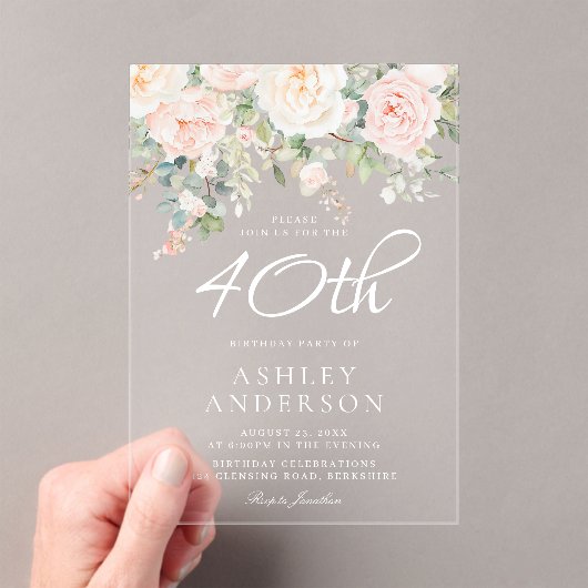 Invitations En Acrylique Fête de 40e anniversaire des femmes rose pâle (In situ (ordinateur de poche))