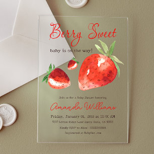 Invitations En Acrylique Fête de Bébé à l'aquarelle rouge sucré à la fraise