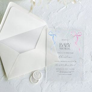Invitations En Acrylique Fête de bébé au ruban rose et bleu, sans distincti