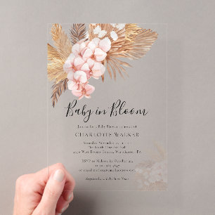 Invitations En Acrylique Fête de bébé Bohème Fleurs Roses Herbe de Pampas e