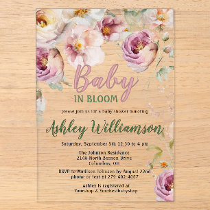 Invitations En Acrylique Fête de bébé fille rose acrylique florale en fleur
