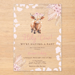 Invitations En Acrylique Fête de bébé Fleur Séchée Bohème Vache Sainte Rose