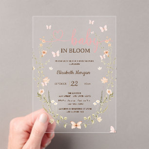 Invitations En Acrylique Fête de Bébé Fleurs Sauvages Papillons Rayures Ros