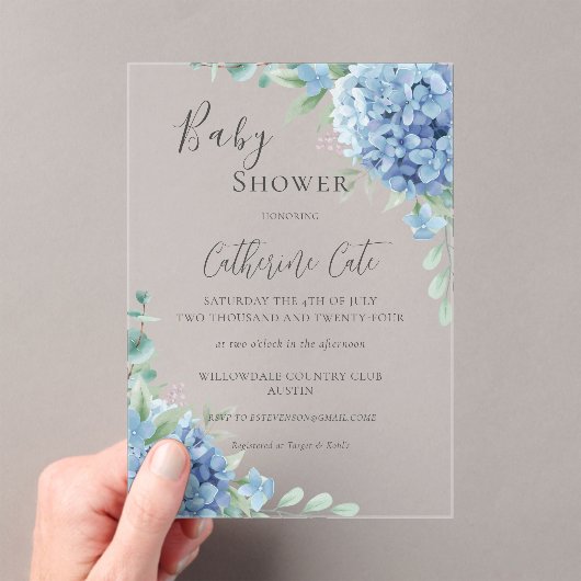 Invitations En Acrylique Fête de bébé florale Hydrangea Bleue (In situ (ordinateur de poche))