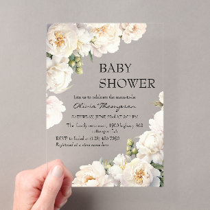 Invitations En Acrylique Fête de bébé neutre Ivory Peony