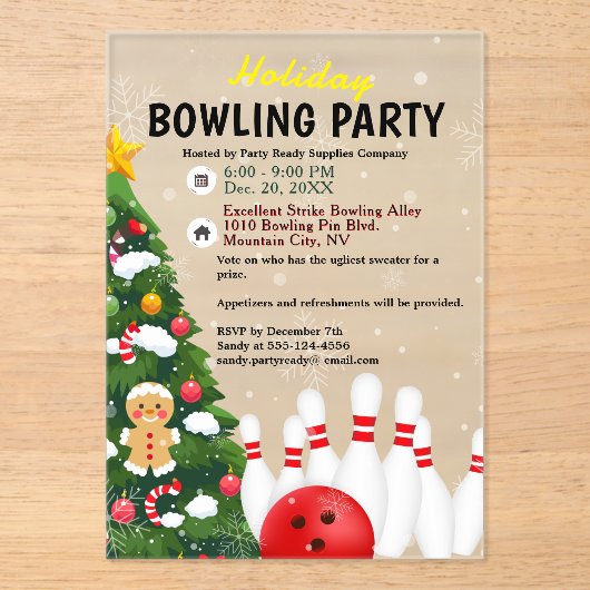 Invitations En Acrylique Fête de bowling de Noël Arbre (Recto)
