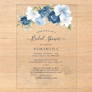 Invitations En Acrylique Fête de douche de mariée Dusty Blue Floral Greener