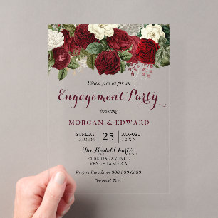 Invitations En Acrylique Fête de fiançailles florale rouge burgundy blanc